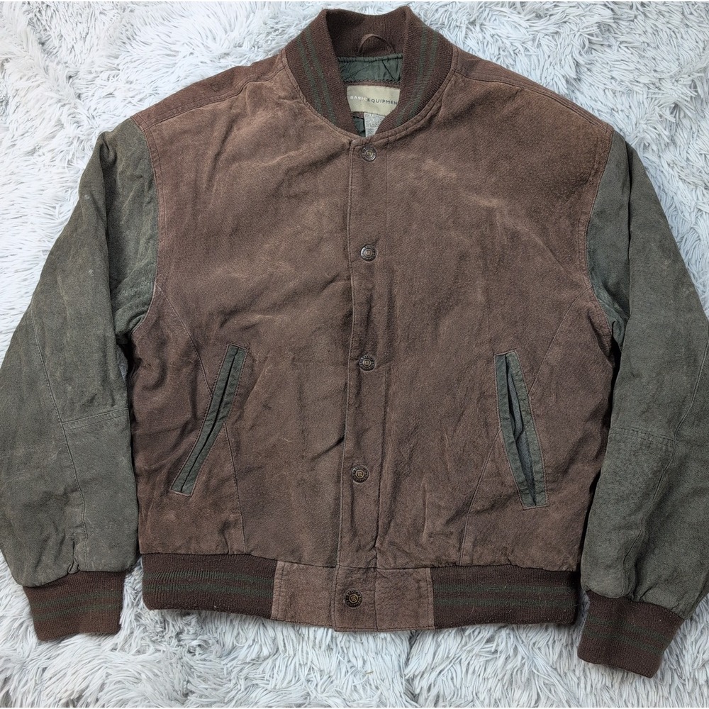Basic Editions Jacket Mens S Brown Green Leather Suede Varsity Coat Pockets